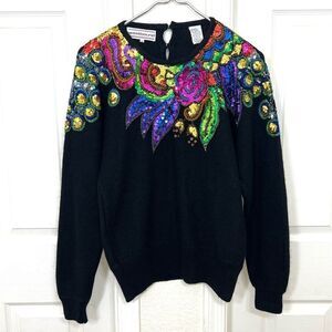 Vintage Sequin Sweater Silk Angora Blend Rainbow Floral Sequin Appliqué Size S